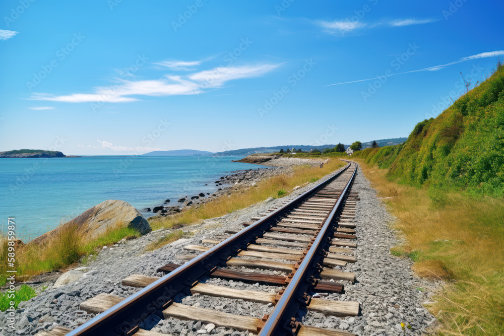 A railroad track along the beach and ocean on a sunny day. Train travel concept landscape background. Generative AI.