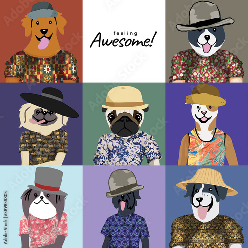 Set of vector illustrations with cute dogs in hipster style. Can be used for t-shirt print, poster, card