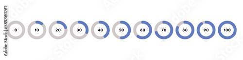 Set of blue circular progress bar. Timer icon with ten percent interval. Download display. Vector illustration