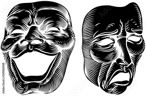 Theater or theatre drama comedy and tragedy masks in a vintage woodcut etching style