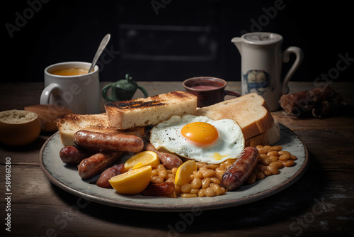 fried eggs, fried sausages, crispy fried bacon slices, stewed beans, toast on a white plate, british breakfast. ai generative