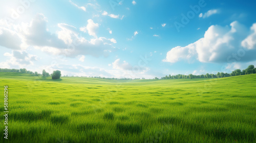 Green grass field on small hills and blue sky with clouds. Summer spring landscape background. Generative AI.