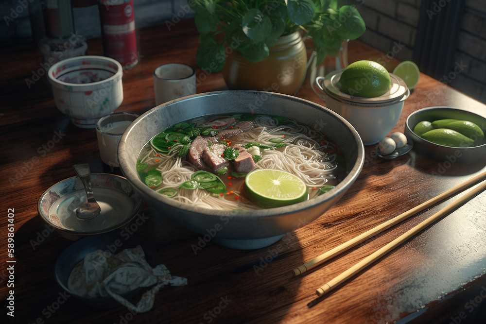 vietnamese pho soup, meat pieces and rice noodles in soup, chopsticks, parsley, lime, vietnamese breakfast. ai generative