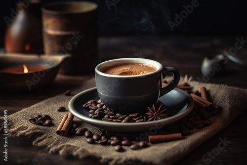 Coffee Espresso Cup With Beans And Cinnamon On Wooden Table. ai generative