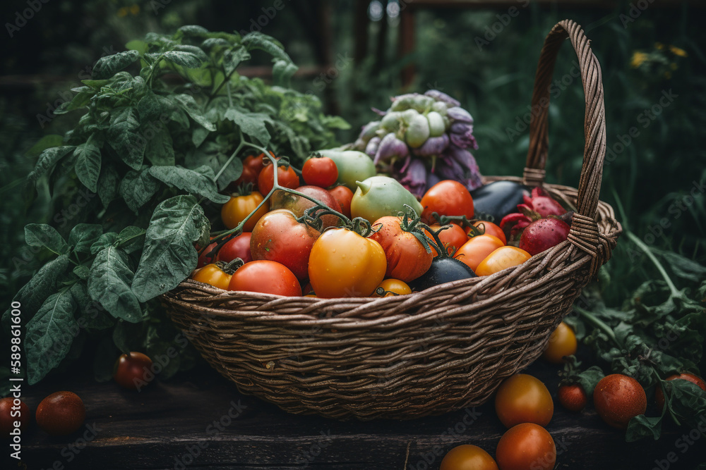 Basket of organic products on the farm. vegetables in a basket. AI generative