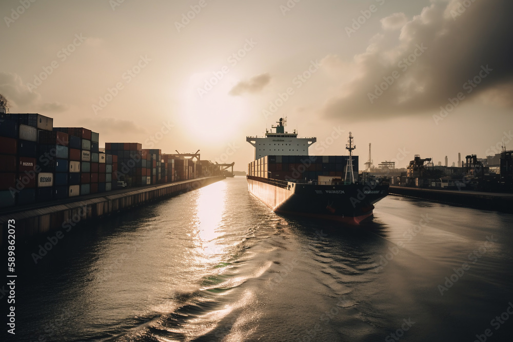 Logistic import-export background of a container cargo ship in the seaport, cargo transportation. ai generative