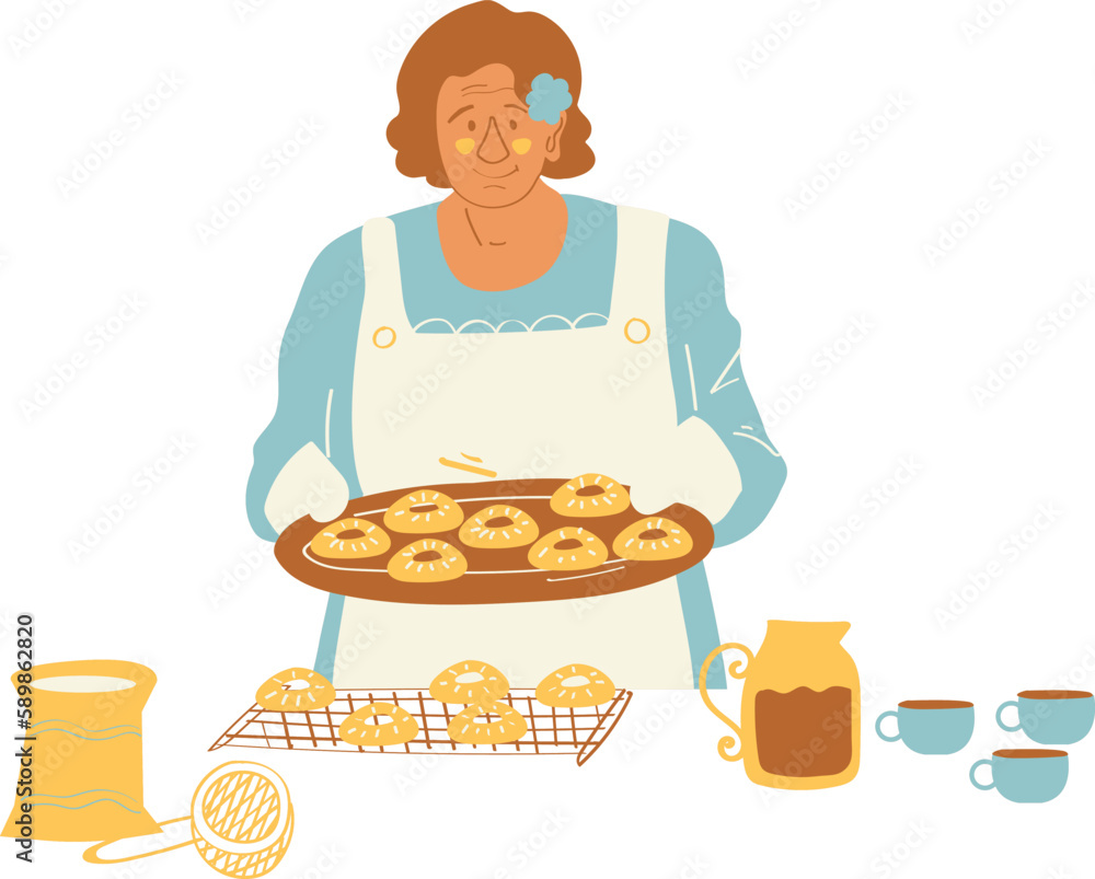 Elderly woman in apron holding a tray with cookies. Flat vector illustration. Elderly woman in apron holding a tray with cookies. Flat vector illustration.