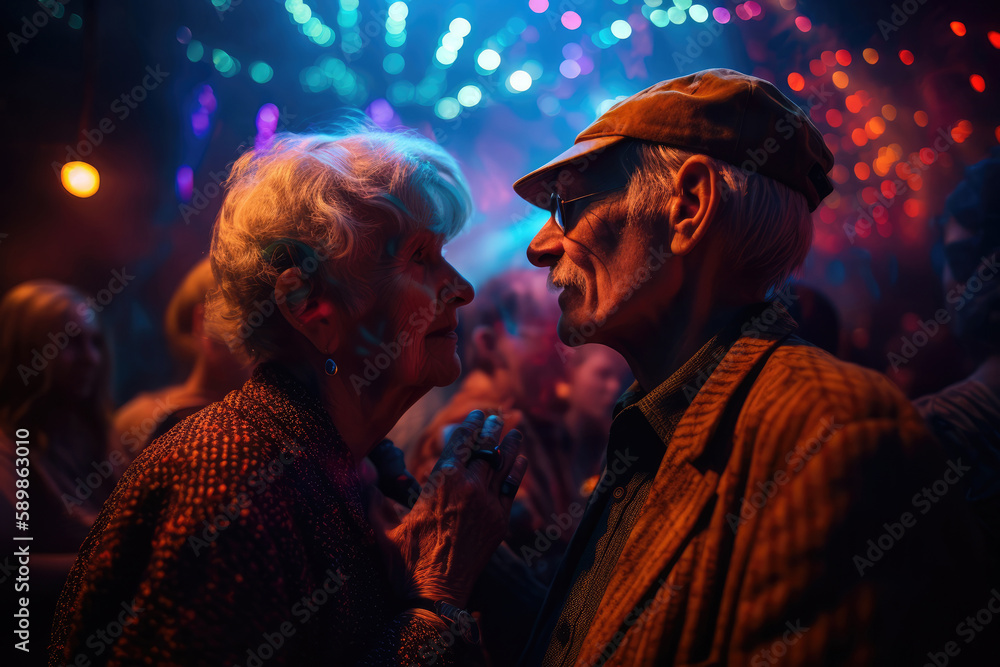 Senior couple - an old mand and elderly woman - dance at a night club or rave party with copy space, generative ai