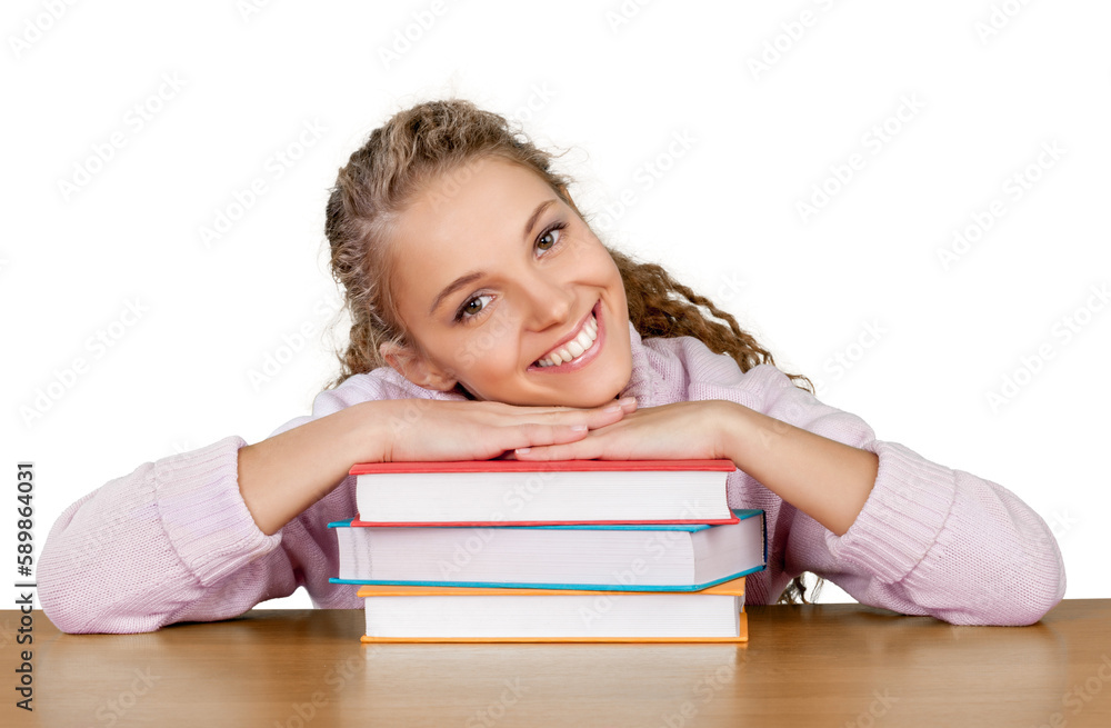 Friendly Young Girl Sitting Behind a Desk with a Books - Isolated Friendly Young Girl Sitting Behind a Desk with a Books - Isolated