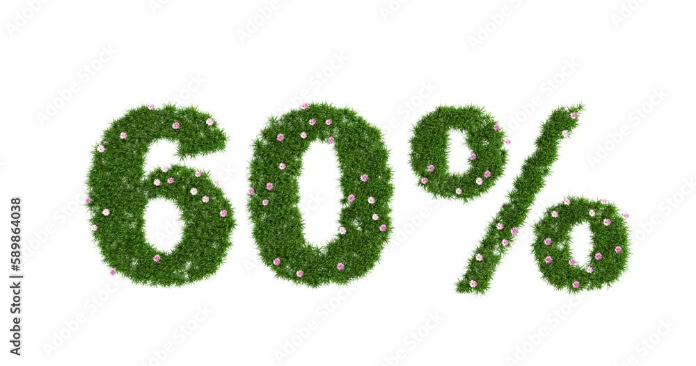 Animation of the growth of green fresh grass with pink flowers in the form of a sixty percent sign, the concept of summer and spring discounts, 3D rendering Animation of the growth of green fresh grass with pink flowers in the form of a sixty percent sign, the concept of summer and spring discounts, 3D rendering