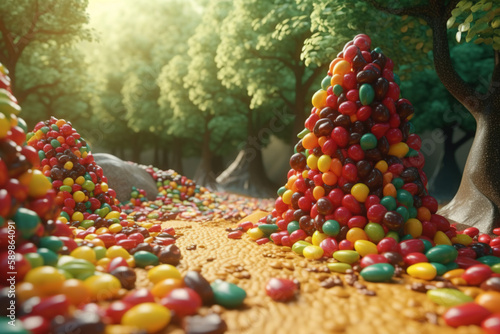 A Candy Lover's Dream: A Forest Scene with Delicious Jellybean Trees. Generative ai.