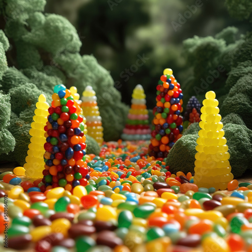 A World of Sweets: A Forest Made of Candy and Jellybean Trees. Generative ai.