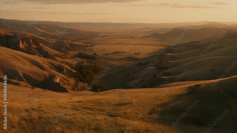 A golden sunrise illuminating the rugged mountains of a vast landscape.
Created using generative AI