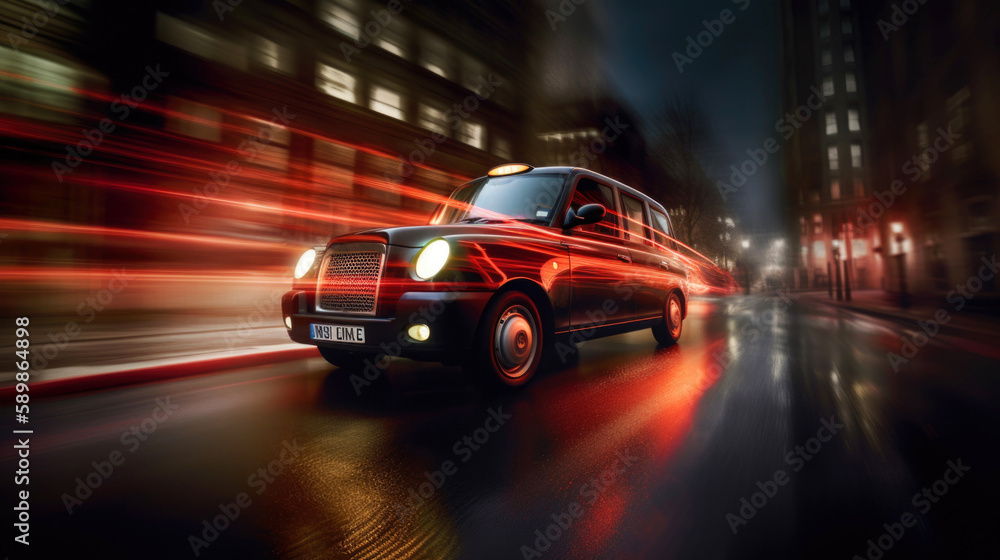 Rushing Black Cab taxi at night. Generative AI Rushing Black Cab taxi at night. Generative AI