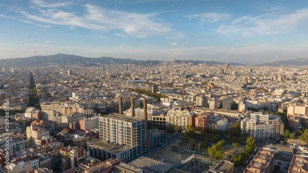 sunny evening barcelona cityscape aerial panorama 4k timelapse spain