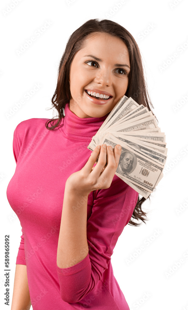 Woman fanned out holding cash holding money spending money cash flashing cash Woman fanned out holding cash holding money spending money cash flashing cash
