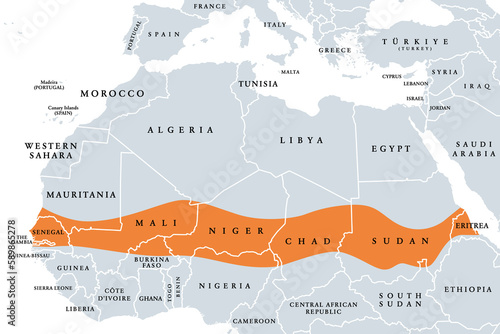 The Sahel, a region in Africa, political map. Ecoclimatic and biogeographic realm of transition between the Sahara to the north and the Sudanian savanna to the south, having a hot semi-arid climate.