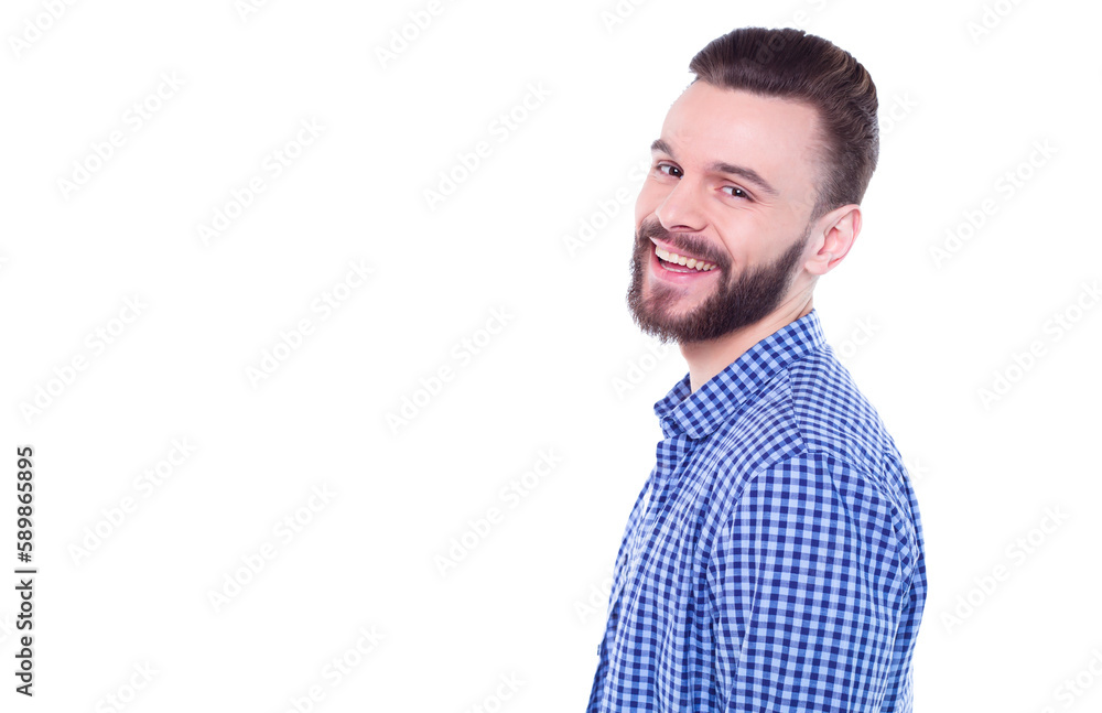 Strong, confident, handsome and bearded man in casual checkered shirt is posing isolated on white background with copy space for text and advertising Strong, confident, handsome and bearded man in casual checkered shirt is posing isolated on white background with copy space for text and advertising