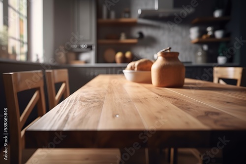 Wood table top on blur kitchen counter  room background   Wooden table top on blur kitchen room background Modern Contemporary kitchen room interior  Generative AI