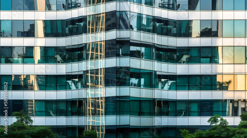 A mesmerizing image of a modern office building, captured from a low angle view