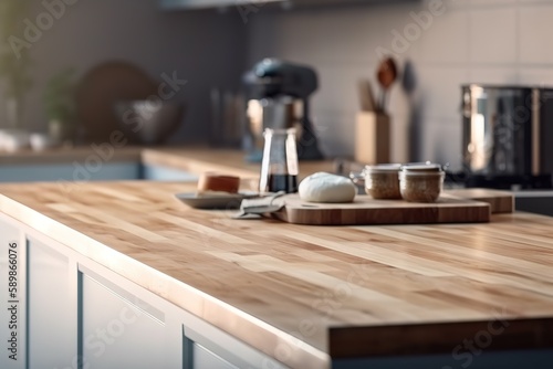 Kitchen wooden table top and kitchen blur background interior style Scandinavian | Empty tabletop over defocused kitchen with copy space, Generative AI