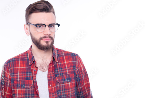 Eyecare. Eye health. Young handsome elegant bearded man in glasses. Optics style for men. Modern guy in spectacles. Male beauty, fashion. Copy space © My Ocean studio
