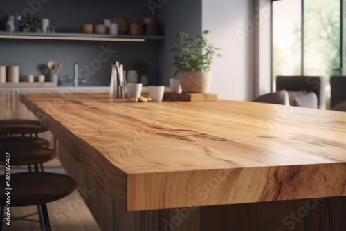 Kitchen wooden table top and kitchen blur background interior style Scandinavian | Empty tabletop over defocused kitchen with copy space, Generative AI