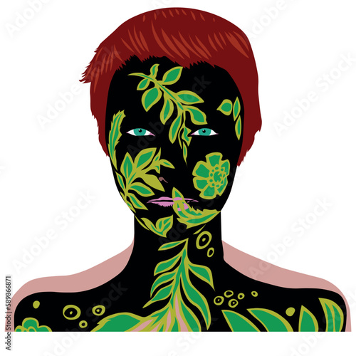 Photos natural girl - a model painted in the colors of the wild forest