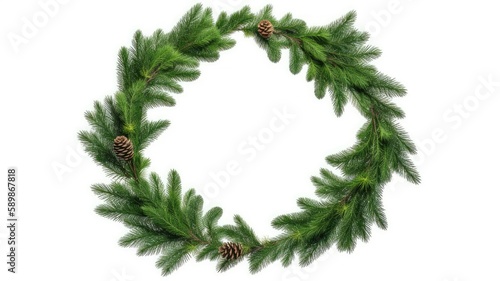 Christmas wreath isolated on white background. Pine branches with cones. Generative AI
