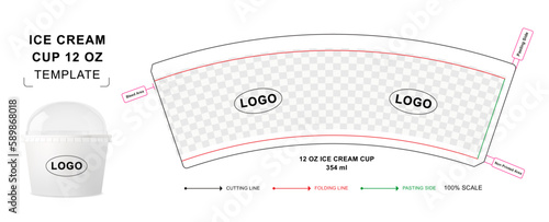 Ice cream cup die cut template for 12 ounce with 3D blank vector mockup for food packaging
