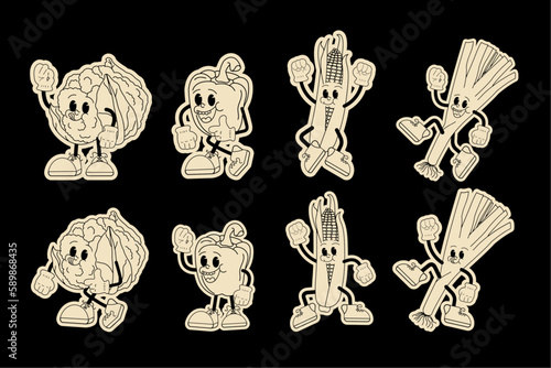 a set of monochrome retro stickers with vegetables. Vector icons of funny vegetables in gloves.