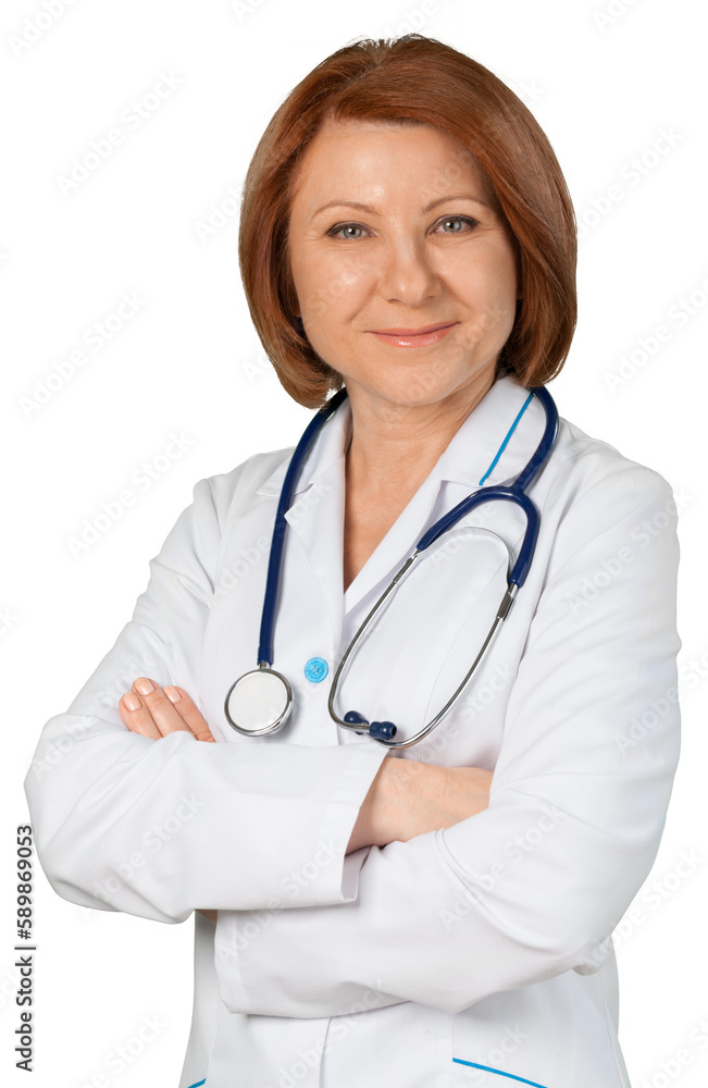 Close up portrait of female doctor with stethoscope holding hands on a white background Close up portrait of female doctor with stethoscope holding hands on a white background