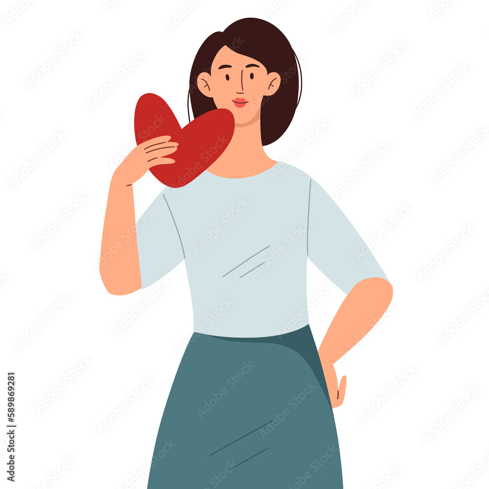 Woman holding heart. Concept of love, assistance, care and support. Young girl in love or volunteer. Flat isolated character on a white background. Woman holding heart. Concept of love, assistance, care and support. Young girl in love or volunteer. Flat isolated character on a white background.