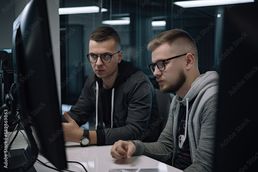 Portrait of two young men working on computers in modern office. selective focus, Generative AI Portrait of two young men working on computers in modern office. selective focus, Generative AI