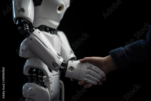 A school boy handshake with a modern white new futurist robot, closeup of hands, to welcome artificial intelligence, isolated on black background with copy space, generative ai