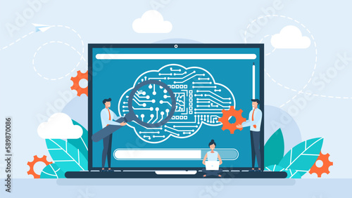 Programmers with laptop. AI. Brain with neural network. Artificial intelligence. Brain with digital circuit. Machine learning, digital brain, artificial thinking process concept. Vector illustration