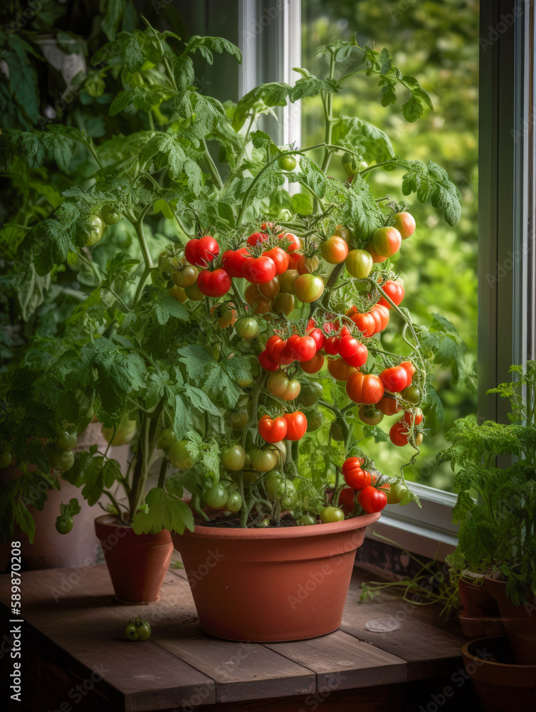 Clay planter containing tomatoes sitting near a window