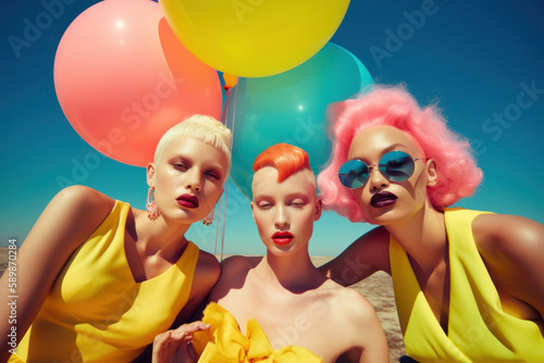 Summer landscape, summer sunny day on the beach, on the seashore. Girls on hot sand and helium balloons in the air. Generative AI.