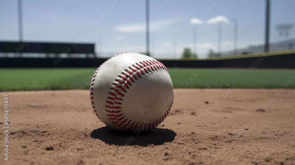 Baseball ball lying on the baseball field, concept of the beginning of the Baseball season. Generative AI