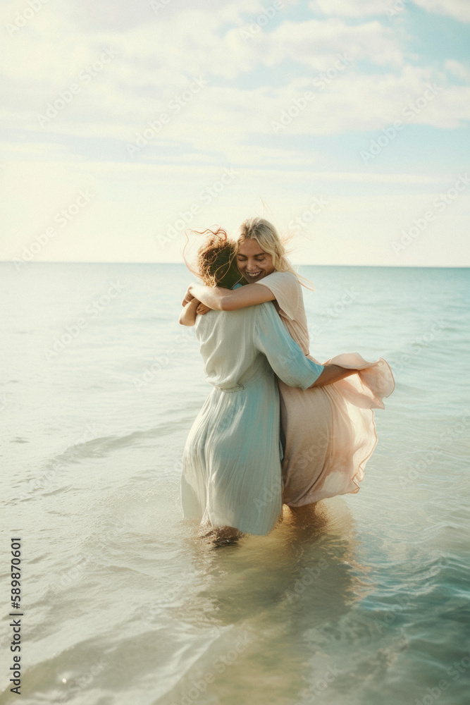 A young beautiful mother enjoying with her sweet daughter on the beach, motherly love through kisses and hugs on the hot sand, on the seashore. Family vacation. Generative AI. A young beautiful mother enjoying with her sweet daughter on the beach, motherly love through kisses and hugs on the hot sand, on the seashore. Family vacation. Generative AI.