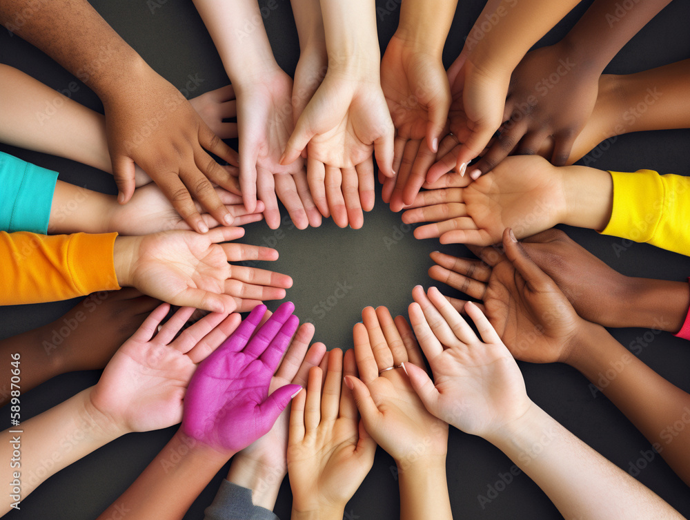 Fototapeta premium Illustration of a group of diverse hands, representing human rights and equality, Generative AI