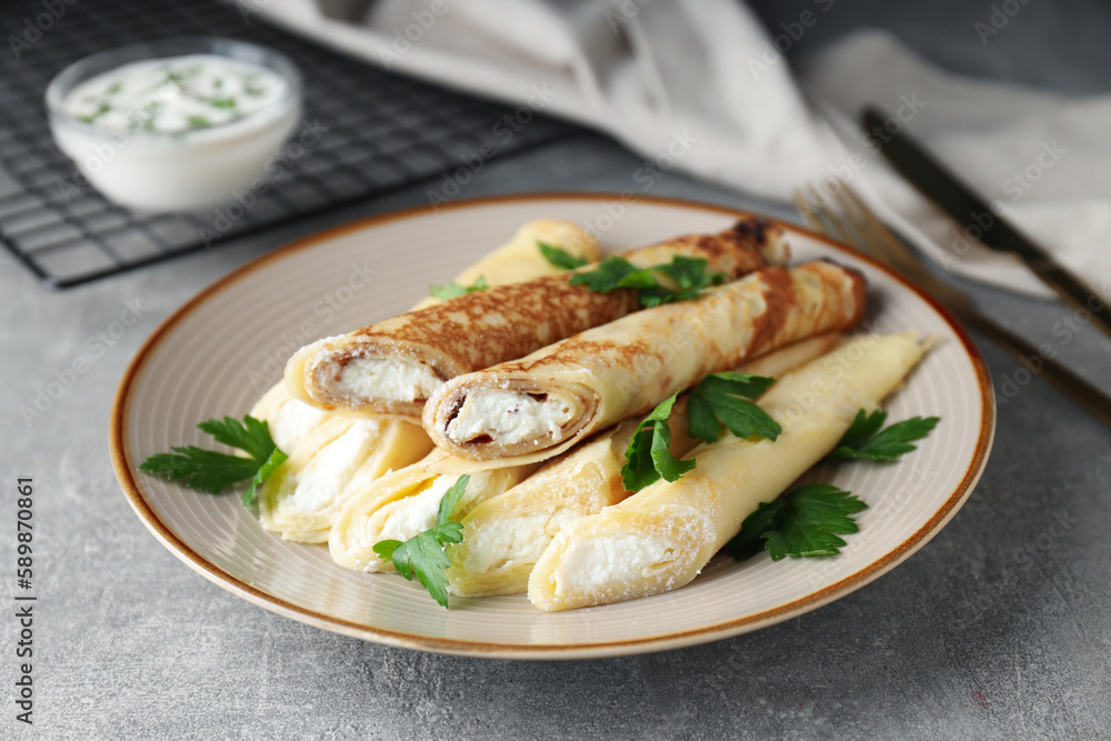 Concept of tasty food, thin pancakes with filling Concept of tasty food, thin pancakes with filling