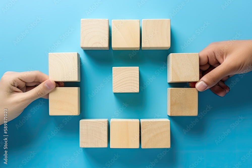 Woman hands arranging empty wooden blocks on blue background, created with Generative AI Woman hands arranging empty wooden blocks on blue background, created with Generative AI