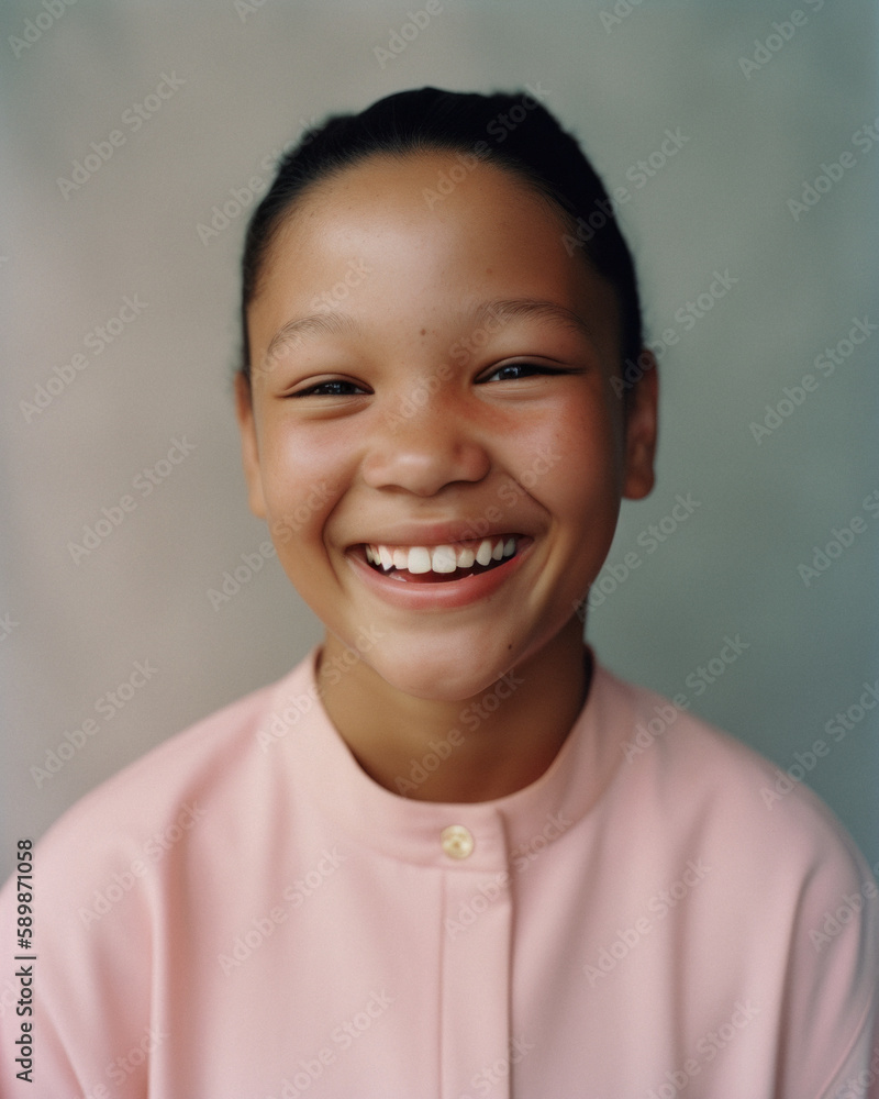 Naklejka premium Portrait of a young sweet girl with a huge, wide smile, happy face and joyful eyes. A child who has a happy and peaceful childhood. Generative AI.