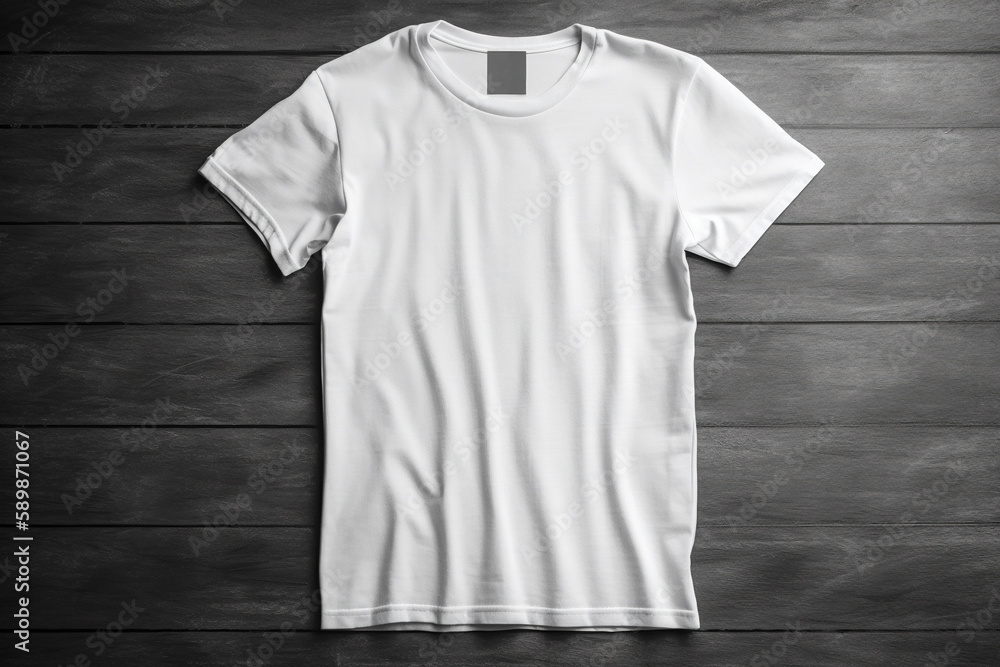 Top view of blank white T-Shirt on grey wood plank backgound, created with Generative AI Top view of blank white T-Shirt on grey wood plank backgound, created with Generative AI
