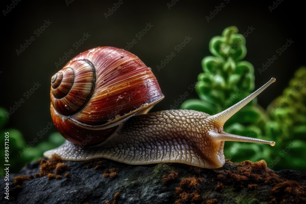 Large snail close-up crawls on tree or stone, black background. Generative AI Large snail close-up crawls on tree or stone, black background. Generative AI