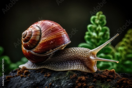 Large snail close-up crawls on tree or stone, black background. Generative AI