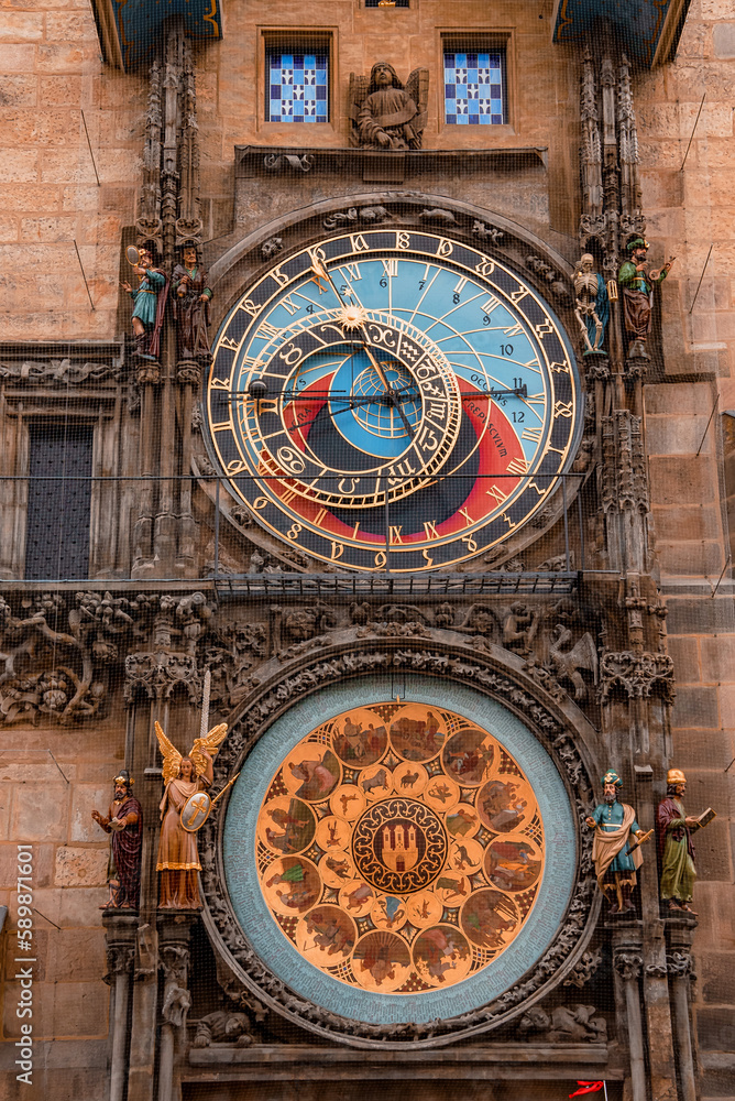 The medieval astronomical clock in the Old Town square in Prague, Czechia