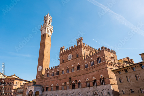 Piazza del Campo (Campo square), Palazzo Pubblico and Torre del Mangia (Mangia tower) in Siena, Tuscany, Italy