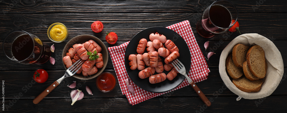 Concept of tasty food, grilled mini sausage, top view